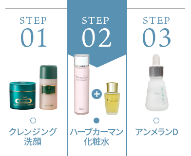 朝の使用ライン クレンジング洗顔 ハーブカーマン化粧水 アンメランD